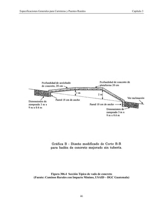 Especificaciones Generales para Carreteras y Puentes Rurales Capítulo 3
46
Figura 306.4 Sección Típica de vado de concreto
(Fuente: Caminos Rurales con Impacto Mínimo, USAID – DGC Guatemala)
 