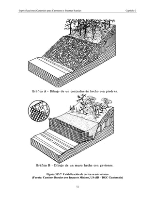 Especificaciones Generales para Carreteras y Puentes Rurales Capítulo 3
72
Figura 315.7 Estabilización de cortes en estructuras
(Fuente: Caminos Rurales con Impacto Mínimo, USAID – DGC Guatemala)
 