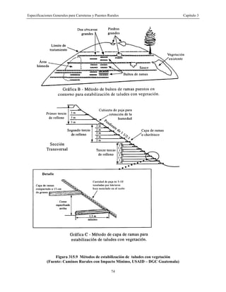 Especificaciones Generales para Carreteras y Puentes Rurales Capítulo 3
74
Figura 315.9 Métodos de estabilización de taludes con vegetación
(Fuente: Caminos Rurales con Impacto Mínimo, USAID – DGC Guatemala)
 