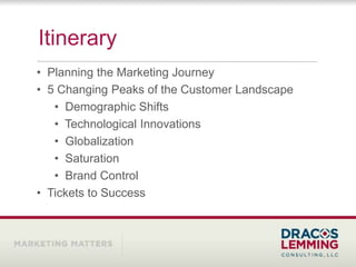Itinerary
• Planning the Marketing Journey
• 5 Changing Peaks of the Customer Landscape
   • Demographic Shifts
   • Technological Innovations
   • Globalization
   • Saturation
   • Brand Control
• Tickets to Success
 