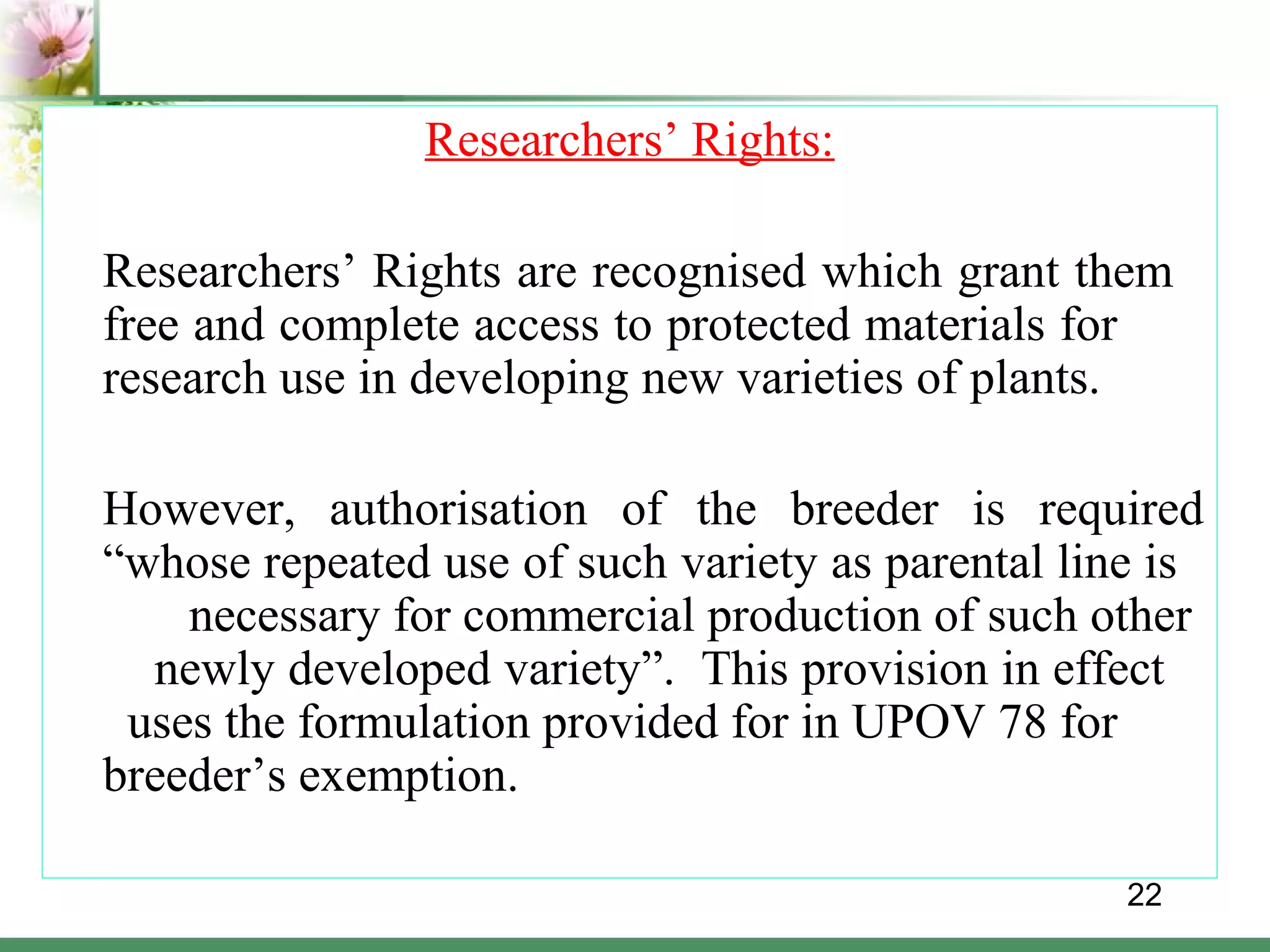 Farmers Rights Vs Researchers Rights THE PROTECTION OF PLANT VARIETIES & FARMER’S ACT, 2001 And THE PPV & FR ...