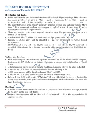 BUDGET HIGHLIGHTS 2020-21
(A Synopsys of Financial Bill 2020-21)
7 V S P G & Associates
(Chartered Accountants)
Beti Bachao Beti Padho
 Gross enrollment of girls under Beti Bachao Beti Padhao is higher than boys. Here, she says
that gross enrollment of girls is 94.32 percent in elementary levels, 81.32 percent in
secondary level and 59.7 prercent in higher secondary level.
 She adds that women are a priority especially pregnant women and lactating women. More
than 6 lakh anganwadi workers are equipped to upload status of more than 10 crore
households This scale is unprecedented.
 There are imperatives to lower maternal mortality rates. FM proposes task-force on six
months on this matter
 An allocation of Rs 35,600 crore for nutrion-related programmes in FY21.
 Further, Rs 28,600 crore will be allocated in FY21 by government for women-linked
programmes.
 SC/OBC relief, a proposal of Rs 85,000 crore for FY21. For STs, Rs 53,700 crore will be
provided. Allocation of Rs 9,500 crore for senior citizens and persons with disabilities for
FY21
Culture and Tourism
 Five archaeological sites will be set up with museums on site in Rakhi Gadi in Haryana,
Hastinapur in UP, Dholavira in Gujarat, Shivsagar in Assam and Adichanallur in Tamil
Nadu.
 A tribal museum will be set up in Ranchi, Jharkhand. Maritime site will be set up in Lothal.
 A total of Rs 3,100 crore has been set aside for Culture Ministry in FY21.
 A 100 more airports will be developed under UDAN by 2024.
 A total of Rs 2,500 crore will be allocated for tourism promotion in FY21.
 India will host G-20 residency in 2022 during 75th year of India's independence. During this
event, India would be drive global economic advantage and an allocation of Rs 100 crore has
been done for this purpose.
Banking:
 A clean, reliable and robust financial sector is critical for robust economy, she says. Infused
Rs 3.5 crore capital into PSU banks
 Deposit insurance cover will be hiked to Rs 5 lakh from Rs 1 lakh. She reiterated that all
deposits are safe.
 