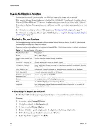Supported Storage Adapters
Storage adapters provide connectivity for your ESXi host to a specific storage unit or network.
ESXi supports different classes of adapters, including SCSI, iSCSI, RAID, Fibre Channel, Fibre Channel over
Ethernet (FCoE), and Ethernet. ESXi accesses the adapters directly through device drivers in the VMkernel.
Depending on the type of storage you use, you might need to enable and configure a storage adapter on your
host.
For information on setting up software FCoE adapters, see “Configuring FCoE Adapters,” on page 39.
For information on configuring different types of iSCSI adapters, see Chapter 9, “Configuring iSCSI Adapters
and Storage,” on page 69.
Displaying Storage Adapters
The host uses storage adapters to access different storage devices. You can display details for the available
storage adapters and review their information.
You must enable certain adapters, for example software iSCSI or FCoE, before you can view their information.
Table 1-1. Storage Adapter Information
Adapter Information Description
Model Model of the adapter.
Targets (Fibre Channel and
SCSI)
Number of targets accessed through the adapter.
Connected Targets (iSCSI) Number of connected targets on an iSCSI adapter.
WWN (Fibre Channel) World Wide Name formed according to Fibre Channel standards that uniquely identifies
the FC adapter.
iSCSI Name (iSCSI) Unique name formed according to iSCSI standards that identifies the iSCSI adapter.
iSCSI Alias (iSCSI) A friendly name used instead of the iSCSI name.
IP Address (independent
hardware iSCSI)
Address assigned to the iSCSI HBA.
Devices All storage devices or LUNs the adapter can access.
Paths All paths the adapter uses to access storage devices.
Properties Link that indicates that the adapter requires additional configuration. iSCSI and FCoE
adapters display this link.
View Storage Adapters Information
Use the vSphere Client to display storage adapters that your host uses and to review their information.
Procedure
1 In Inventory, select Hosts and Clusters.
2 Select a host and click the Configuration tab.
3 In Hardware, select Storage Adapters.
4 To view details for a specific adapter, select the adapter from the Storage Adapters list.
5 To list all storage devices the adapter can access, click Devices.
6 To list all paths the adapter uses, click Paths.
vSphere Storage
12 VMware, Inc.
 