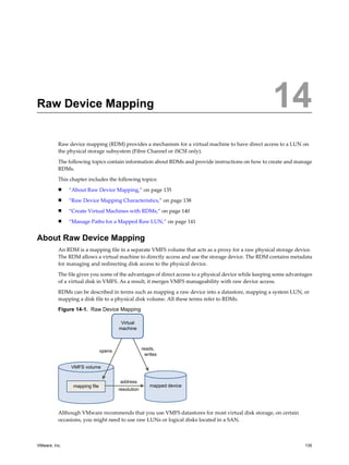 Raw Device Mapping 14
Raw device mapping (RDM) provides a mechanism for a virtual machine to have direct access to a LUN on
the physical storage subsystem (Fibre Channel or iSCSI only).
The following topics contain information about RDMs and provide instructions on how to create and manage
RDMs.
This chapter includes the following topics:
n “About Raw Device Mapping,” on page 135
n “Raw Device Mapping Characteristics,” on page 138
n “Create Virtual Machines with RDMs,” on page 140
n “Manage Paths for a Mapped Raw LUN,” on page 141
About Raw Device Mapping
An RDM is a mapping file in a separate VMFS volume that acts as a proxy for a raw physical storage device.
The RDM allows a virtual machine to directly access and use the storage device. The RDM contains metadata
for managing and redirecting disk access to the physical device.
The file gives you some of the advantages of direct access to a physical device while keeping some advantages
of a virtual disk in VMFS. As a result, it merges VMFS manageability with raw device access.
RDMs can be described in terms such as mapping a raw device into a datastore, mapping a system LUN, or
mapping a disk file to a physical disk volume. All these terms refer to RDMs.
Figure 14-1. Raw Device Mapping
VMFS volume
Virtual
machine
address
resolution
opens reads,
writes
mapped devicemapping file
Although VMware recommends that you use VMFS datastores for most virtual disk storage, on certain
occasions, you might need to use raw LUNs or logical disks located in a SAN.
VMware, Inc. 135
 