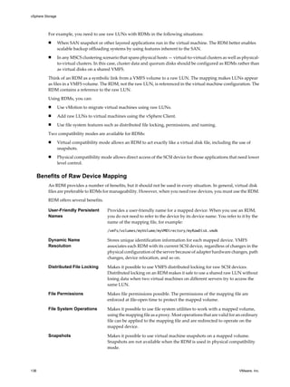 For example, you need to use raw LUNs with RDMs in the following situations:
n When SAN snapshot or other layered applications run in the virtual machine. The RDM better enables
scalable backup offloading systems by using features inherent to the SAN.
n In any MSCS clustering scenario that spans physical hosts — virtual-to-virtual clusters as well as physical-
to-virtual clusters. In this case, cluster data and quorum disks should be configured as RDMs rather than
as virtual disks on a shared VMFS.
Think of an RDM as a symbolic link from a VMFS volume to a raw LUN. The mapping makes LUNs appear
as files in a VMFS volume. The RDM, not the raw LUN, is referenced in the virtual machine configuration. The
RDM contains a reference to the raw LUN.
Using RDMs, you can:
n Use vMotion to migrate virtual machines using raw LUNs.
n Add raw LUNs to virtual machines using the vSphere Client.
n Use file system features such as distributed file locking, permissions, and naming.
Two compatibility modes are available for RDMs:
n Virtual compatibility mode allows an RDM to act exactly like a virtual disk file, including the use of
snapshots.
n Physical compatibility mode allows direct access of the SCSI device for those applications that need lower
level control.
Benefits of Raw Device Mapping
An RDM provides a number of benefits, but it should not be used in every situation. In general, virtual disk
files are preferable to RDMs for manageability. However, when you need raw devices, you must use the RDM.
RDM offers several benefits.
User-Friendly Persistent
Names
Provides a user-friendly name for a mapped device. When you use an RDM,
you do not need to refer to the device by its device name. You refer to it by the
name of the mapping file, for example:
/vmfs/volumes/myVolume/myVMDirectory/myRawDisk.vmdk
Dynamic Name
Resolution
Stores unique identification information for each mapped device. VMFS
associates each RDM with its current SCSI device, regardless of changes in the
physical configuration of the server because of adapter hardware changes, path
changes, device relocation, and so on.
Distributed File Locking Makes it possible to use VMFS distributed locking for raw SCSI devices.
Distributed locking on an RDM makes it safe to use a shared raw LUN without
losing data when two virtual machines on different servers try to access the
same LUN.
File Permissions Makes file permissions possible. The permissions of the mapping file are
enforced at file-open time to protect the mapped volume.
File System Operations Makes it possible to use file system utilities to work with a mapped volume,
using the mapping file as a proxy. Most operations that are valid for an ordinary
file can be applied to the mapping file and are redirected to operate on the
mapped device.
Snapshots Makes it possible to use virtual machine snapshots on a mapped volume.
Snapshots are not available when the RDM is used in physical compatibility
mode.
vSphere Storage
136 VMware, Inc.
 