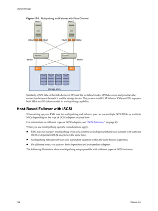 Figure 17-1. Multipathing and Failover with Fibre Channel
SP2
storage array
SP1
switch switch
HBA2 HBA1 HBA3 HBA4
Host 1 Host 2
Similarly, if SP1 fails or the links between SP1 and the switches breaks, SP2 takes over and provides the
connection between the switch and the storage device. This process is called SP failover. VMware ESXi supports
both HBA and SP failovers with its multipathing capability.
Host-Based Failover with iSCSI
When setting up your ESXi host for multipathing and failover, you can use multiple iSCSI HBAs or multiple
NICs depending on the type of iSCSI adapters on your host.
For information on different types of iSCSI adapters, see “iSCSI Initiators,” on page 65.
When you use multipathing, specific considerations apply.
n ESXi does not support multipathing when you combine an independent hardware adapter with software
iSCSI or dependent iSCSI adapters in the same host.
n Multipathing between software and dependent adapters within the same host is supported.
n On different hosts, you can mix both dependent and independent adapters.
The following illustration shows multipathing setups possible with different types of iSCSI initiators.
vSphere Storage
154 VMware, Inc.
 
