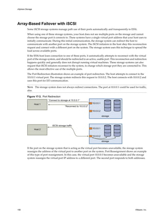 Array-Based Failover with iSCSI
Some iSCSI storage systems manage path use of their ports automatically and transparently to ESXi.
When using one of these storage systems, your host does not see multiple ports on the storage and cannot
choose the storage port it connects to. These systems have a single virtual port address that your host uses to
initially communicate. During this initial communication, the storage system can redirect the host to
communicate with another port on the storage system. The iSCSI initiators in the host obey this reconnection
request and connect with a different port on the system. The storage system uses this technique to spread the
load across available ports.
If the ESXi host loses connection to one of these ports, it automatically attempts to reconnect with the virtual
port of the storage system, and should be redirected to an active, usable port. This reconnection and redirection
happens quickly and generally does not disrupt running virtual machines. These storage systems can also
request that iSCSI initiators reconnect to the system, to change which storage port they are connected to. This
allows the most effective use of the multiple ports.
The Port Redirection illustration shows an example of port redirection. The host attempts to connect to the
10.0.0.1 virtual port. The storage system redirects this request to 10.0.0.2. The host connects with 10.0.0.2 and
uses this port for I/O communication.
NOTE The storage system does not always redirect connections. The port at 10.0.0.1 could be used for traffic,
also.
Figure 17-3. Port Redirection
storage
10.0.0.1
10.0.0.2
Host 1
“Connect to storage at 10.0.0.1”
“Reconnect to 10.0.0.2”
storage
10.0.0.1
10.0.0.2
Host 2
iSCSI storage traffic
If the port on the storage system that is acting as the virtual port becomes unavailable, the storage system
reassigns the address of the virtual port to another port on the system. Port Reassignment shows an example
of this type of port reassignment. In this case, the virtual port 10.0.0.1 becomes unavailable and the storage
system reassigns the virtual port IP address to a different port. The second port responds to both addresses.
vSphere Storage
156 VMware, Inc.
 