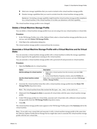 n Select new storage capabilities that you want to include in the virtual machine storage profile.
n Deselect storage capabilities that you want to exclude from the virtual machine storage profile.
IMPORTANT Excluding a storage capability might break the virtual machine storage profile compliance
for a virtual machine, if the virtual machine or its disks use datastores with that capability.
The virtual machine storage profile is now changed.
Delete a Virtual Machine Storage Profile
You can delete a virtual machine storage profile if you are not using it for any virtual machine or virtual disk.
Procedure
1 In the VM Storage Profiles view of the vSphere Client, select a virtual machine storage profile that you do
not use, and click Delete VM Storage Profile.
2 Click Yes in the confirmation dialog box.
The virtual machine storage profile is removed from the inventory.
Associate a Virtual Machine Storage Profile with a Virtual Machine and Its Virtual
Disks
You can associate a virtual machine storage profile with a virtual machine to define the storage capabilities
that are required by the applications running on the virtual machine.
You can associate a virtual machine storage profile with a powered-off and powered-on virtual machine.
Procedure
1 Open the Profiles tab of a virtual machine.
Option Description
Edit the settings of a virtual machine a Right-click a virtual machine from the inventory and select Edit
Settings.
b In the Virtual Machine Properties window, select the Profiles tab.
Use the virtual machine context
menu
Right-click a virtual machine from the inventory and select VM Storage
Profile > Manage Profiles.
2 Associate the virtual machine home files with a virtual machine storage profile from the Home VM
Storage Profile drop-down menu.
NOTE The virtual machine home files include the file types .vmx, .vmsd, .nvram, and so on.
3 (Optional) Click Propagate to disks to associate all virtual disks with the same virtual machine storage
profile.
4 Under VM storage profiles for virtual disks, associate each virtual disk with a different virtual machine
storage profile from the VM Storage Profile drop-down menu.
5 Click OK.
The virtual machine storage profile name appears in the VM Storage Profiles pane of the Summary tab for the
virtual machine.
NOTE If you add a new virtual disk and associate it with a virtual machine storage profile at the same time,
the VMware vSphere Profile-Driven Storage Service might take some to associate the virtual machine storage
profile with the new virtual disk.
Chapter 21 Virtual Machine Storage Profiles
VMware, Inc. 201
 