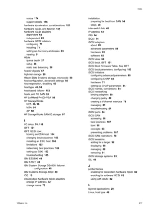 status 174
support details 176
hardware acceleration, considerations 181
hardware iSCSI, and failover 154
hardware iSCSI adapters
dependent 65
independent 65
hardware iSCSI initiators
configuring 71
installing 71
setting up discovery addresses 83
viewing 71
HBAs
queue depth 37
setup 38
static load balancing 38
header digests 67
high-tier storage 28
Hitachi Data Systems storage, microcode 50
host configuration, advanced settings 60
host registration, disabling 60
host type 46, 94
host-based failover 153
hosts, and FC SAN 33
HP LeftHand P4000 VSA 98
HP StorageWorks
EVA 50, 96
MSA 95
XP 50
HP StorageWorks SAN/iQ storage 97
I
I/O delay 70, 156
iBFT 101
iBFT iSCSI boot
booting an ESXi host 104
changing boot sequence 103
installing an ESXi host 104
limitations 102
networking best practices 104
setting up ESXi 102
troubleshooting 105
IBM ESS800 49
IBM FAStT 48
IBM System Storage DS4800, failover
configuration 48
IBM Systems Storage 8000 49
IDE 13
independent hardware iSCSI adapters
change IP address 72
change name 72
installation
preparing for boot from SAN 54
steps 38
inter-switch link 48
IP address 64
IQN 64
iSCSI 14
iSCSI adapters
about 69
advanced parameters 88
hardware 65
software 65
iSCSI alias 64
iSCSI boot, iBFT 101
iSCSI Boot Firmware Table, See iBFT
iSCSI boot parameters, configuring 103
iSCSI initiators
configuring advanced parameters 89
configuring CHAP 85
hardware 71
setting up CHAP parameters 84
iSCSI names, conventions 64
iSCSI networking
binding adapters 80
changing policy 80
creating a VMkernel interface 78
managing 81
troubleshooting 81
iSCSI ports 64
iSCSI SAN
accessing 68
best practices 107
boot 99
concepts 63
preventing problems 107
iSCSI SAN restrictions 70
iSCSI sessions
adding for a target 90
displaying 90
managing 89
removing 91
iSCSI storage systems 93
ISL 48
J
jumbo frames
enabling for dependent hardware iSCSI 82
enabling for software iSCSI 82
using with iSCSI 82
L
layered applications 29
Linux, host type 46
Index
VMware, Inc. 217
 