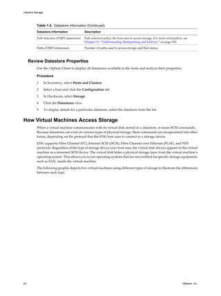 Table 1-3. Datastore Information (Continued)
Datastore Information Description
Path Selection (VMFS datastores) Path selection policy the host uses to access storage. For more information, see
Chapter 17, “Understanding Multipathing and Failover,” on page 153.
Paths (VMFS datastores) Number of paths used to access storage and their status.
Review Datastore Properties
Use the vSphere Client to display all datastores available to the hosts and analyze their properties.
Procedure
1 In Inventory, select Hosts and Clusters.
2 Select a host and click the Configuration tab.
3 In Hardware, select Storage.
4 Click the Datastores view.
5 To display details for a particular datastore, select the datastore from the list.
How Virtual Machines Access Storage
When a virtual machine communicates with its virtual disk stored on a datastore, it issues SCSI commands.
Because datastores can exist on various types of physical storage, these commands are encapsulated into other
forms, depending on the protocol that the ESXi host uses to connect to a storage device.
ESXi supports Fibre Channel (FC), Internet SCSI (iSCSI), Fibre Channel over Ethernet (FCoE), and NFS
protocols. Regardless of the type of storage device your host uses, the virtual disk always appears to the virtual
machine as a mounted SCSI device. The virtual disk hides a physical storage layer from the virtual machine’s
operating system. This allows you to run operating systems that are not certified for specific storage equipment,
such as SAN, inside the virtual machine.
The following graphic depicts five virtual machines using different types of storage to illustrate the differences
between each type.
vSphere Storage
22 VMware, Inc.
 