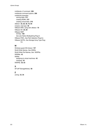 vmkfstools -Z command 208
vmkfstools command options 206
vmkfstools examples
cloning disks 211
creating RDMs 212
creating virtual disks 210
vMotion 25, 26, 38, 70, 94
vmware, host type 46
VMware DRS, using with vMotion 70
VMware HA 25, 94
VMware NMP
I/O flow 160
See also Native Multipathing Plug-In
VMware PSPs, See Path Selection Plug-Ins
VMware SATPs, See Storage Array Type Plug-
Ins
W
Windows guest OS timeout 157
World Wide Names, See WWNs
World Wide Port Names, See WWPNs
WWNNs 43
WWNs
assigning to virtual machines 43
changing 43
WWPNs 34, 43
X
XP (HP StorageWorks) 50
Z
zoning 33, 34
vSphere Storage
222 VMware, Inc.
 