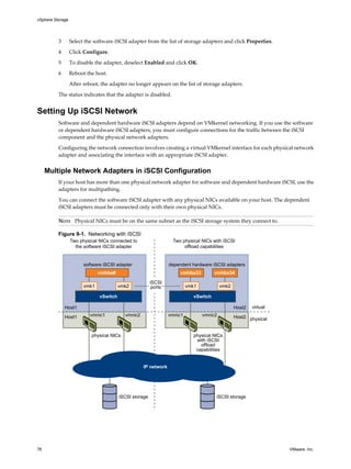 3 Select the software iSCSI adapter from the list of storage adapters and click Properties.
4 Click Configure.
5 To disable the adapter, deselect Enabled and click OK.
6 Reboot the host.
After reboot, the adapter no longer appears on the list of storage adapters.
The status indicates that the adapter is disabled.
Setting Up iSCSI Network
Software and dependent hardware iSCSI adapters depend on VMkernel networking. If you use the software
or dependent hardware iSCSI adapters, you must configure connections for the traffic between the iSCSI
component and the physical network adapters.
Configuring the network connection involves creating a virtual VMkernel interface for each physical network
adapter and associating the interface with an appropriate iSCSI adapter.
Multiple Network Adapters in iSCSI Configuration
If your host has more than one physical network adapter for software and dependent hardware iSCSI, use the
adapters for multipathing.
You can connect the software iSCSI adapter with any physical NICs available on your host. The dependent
iSCSI adapters must be connected only with their own physical NICs.
NOTE Physical NICs must be on the same subnet as the iSCSI storage system they connect to.
Figure 9-1. Networking with iSCSI
physical NICs
vmnic1 vmnic2 vmnic1 vmnic2
physical NICs
with iSCSI
offload
capabilities
Host1
Host1
Host2
Host2
iSCSI
ports
software iSCSI adapter dependent hardware iSCSI adapters
vSwitch
vmk1 vmk2 vmk1
vmhba33vmhba# vmhba34
vmk2
vSwitch
virtual
physical
Two physical NICs connected to
the software iSCSI adapter
Two physical NICs with iSCSI
offload capabilities
IP network
iSCSI storage iSCSI storage
vSphere Storage
76 VMware, Inc.
 