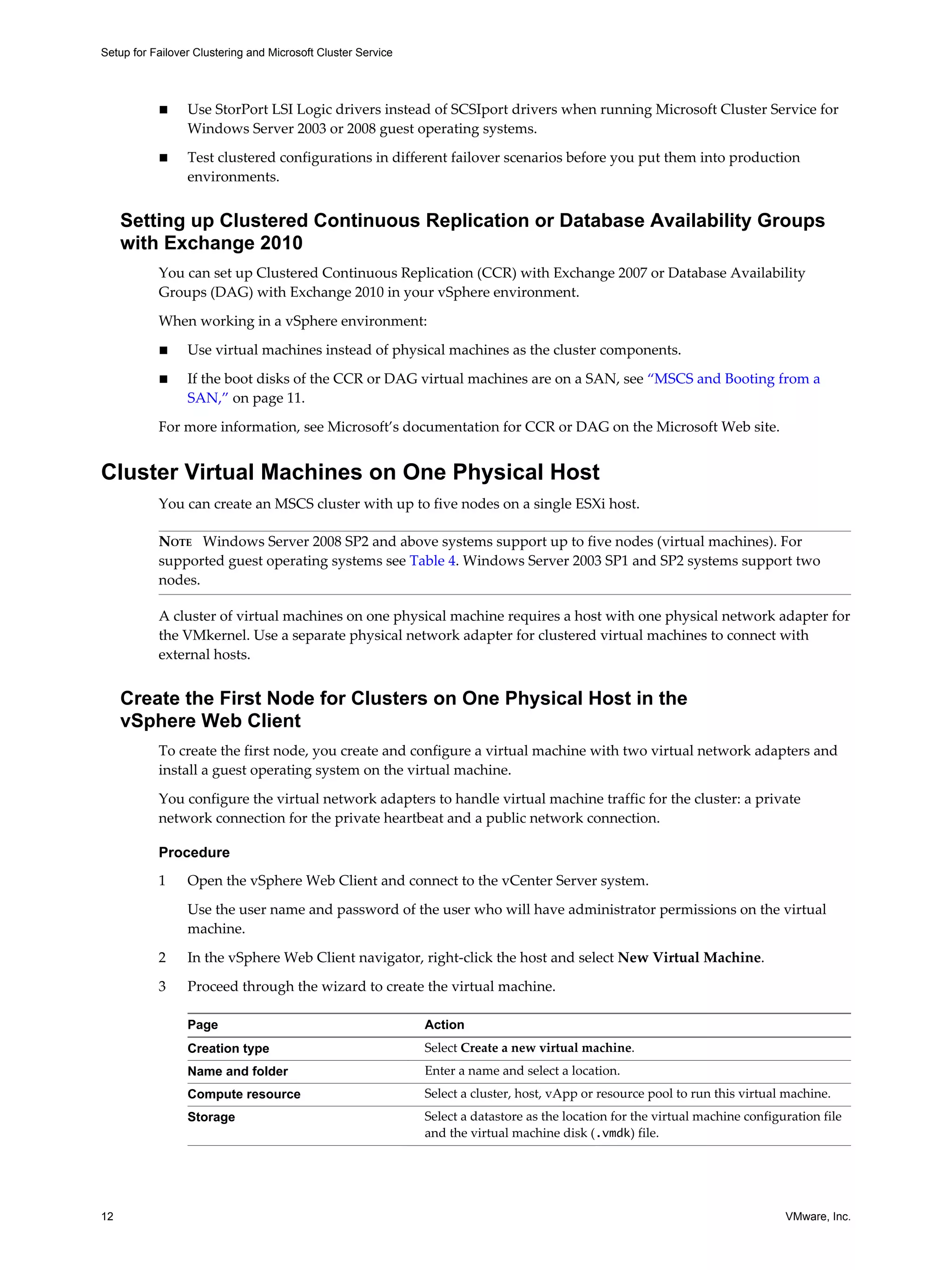 n Use StorPort LSI Logic drivers instead of SCSIport drivers when running Microsoft Cluster Service for 
Windows Server 2003 or 2008 guest operating systems. 
n Test clustered configurations in different failover scenarios before you put them into production 
environments. 
Setting up Clustered Continuous Replication or Database Availability Groups 
with Exchange 2010 
You can set up Clustered Continuous Replication (CCR) with Exchange 2007 or Database Availability 
Groups (DAG) with Exchange 2010 in your vSphere environment. 
When working in a vSphere environment: 
n Use virtual machines instead of physical machines as the cluster components. 
n If the boot disks of the CCR or DAG virtual machines are on a SAN, see “MSCS and Booting from a 
SAN,” on page 11. 
For more information, see Microsoft’s documentation for CCR or DAG on the Microsoft Web site. 
Cluster Virtual Machines on One Physical Host 
You can create an MSCS cluster with up to five nodes on a single ESXi host. 
NOTE Windows Server 2008 SP2 and above systems support up to five nodes (virtual machines). For 
supported guest operating systems see Table 4. Windows Server 2003 SP1 and SP2 systems support two 
nodes. 
A cluster of virtual machines on one physical machine requires a host with one physical network adapter for 
the VMkernel. Use a separate physical network adapter for clustered virtual machines to connect with 
external hosts. 
Create the First Node for Clusters on One Physical Host in the 
vSphere Web Client 
To create the first node, you create and configure a virtual machine with two virtual network adapters and 
install a guest operating system on the virtual machine. 
You configure the virtual network adapters to handle virtual machine traffic for the cluster: a private 
network connection for the private heartbeat and a public network connection. 
Procedure 
1 Open the vSphere Web Client and connect to the vCenter Server system. 
Use the user name and password of the user who will have administrator permissions on the virtual 
machine. 
2 In the vSphere Web Client navigator, right-click the host and select New Virtual Machine. 
3 Proceed through the wizard to create the virtual machine. 
Page Action 
Creation type Select Create a new virtual machine. 
Name and folder Enter a name and select a location. 
Compute resource Select a cluster, host, vApp or resource pool to run this virtual machine. 
Storage Select a datastore as the location for the virtual machine configuration file 
and the virtual machine disk (.vmdk) file. 
Setup for Failover Clustering and Microsoft Cluster Service 
12 VMware, Inc. 
 