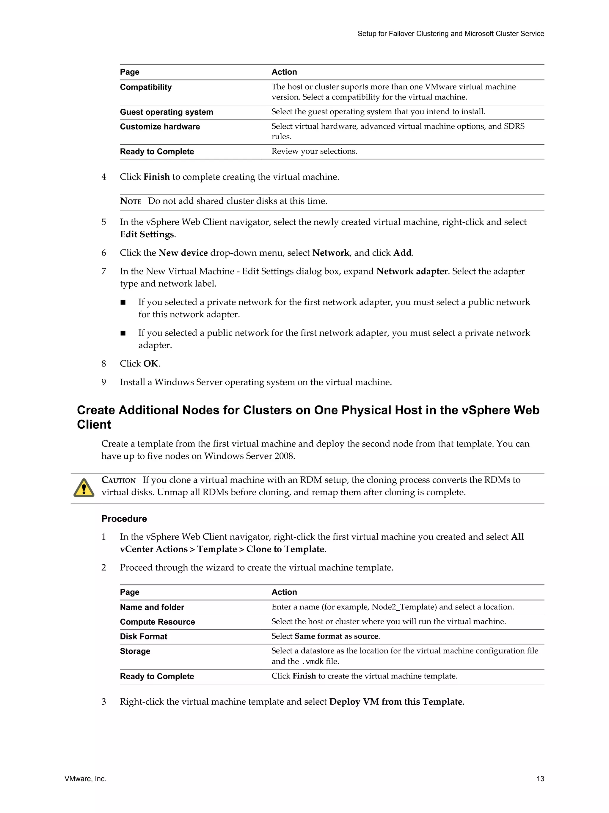 Setup for Failover Clustering and Microsoft Cluster Service 
Page Action 
Compatibility The host or cluster suports more than one VMware virtual machine 
version. Select a compatibility for the virtual machine. 
Guest operating system Select the guest operating system that you intend to install. 
Customize hardware Select virtual hardware, advanced virtual machine options, and SDRS 
rules. 
Ready to Complete Review your selections. 
4 Click Finish to complete creating the virtual machine. 
NOTE Do not add shared cluster disks at this time. 
5 In the vSphere Web Client navigator, select the newly created virtual machine, right-click and select 
Edit Settings. 
6 Click the New device drop-down menu, select Network, and click Add. 
7 In the New Virtual Machine - Edit Settings dialog box, expand Network adapter. Select the adapter 
type and network label. 
n If you selected a private network for the first network adapter, you must select a public network 
for this network adapter. 
n If you selected a public network for the first network adapter, you must select a private network 
adapter. 
8 Click OK. 
9 Install a Windows Server operating system on the virtual machine. 
Create Additional Nodes for Clusters on One Physical Host in the vSphere Web 
Client 
Create a template from the first virtual machine and deploy the second node from that template. You can 
have up to five nodes on Windows Server 2008. 
CAUTION If you clone a virtual machine with an RDM setup, the cloning process converts the RDMs to 
virtual disks. Unmap all RDMs before cloning, and remap them after cloning is complete. 
Procedure 
1 In the vSphere Web Client navigator, right-click the first virtual machine you created and select All 
vCenter Actions > Template > Clone to Template. 
2 Proceed through the wizard to create the virtual machine template. 
Page Action 
Name and folder Enter a name (for example, Node2_Template) and select a location. 
Compute Resource Select the host or cluster where you will run the virtual machine. 
Disk Format Select Same format as source. 
Storage Select a datastore as the location for the virtual machine configuration file 
and the .vmdk file. 
Ready to Complete Click Finish to create the virtual machine template. 
3 Right-click the virtual machine template and select Deploy VM from this Template. 
VMware, Inc. 13 
 