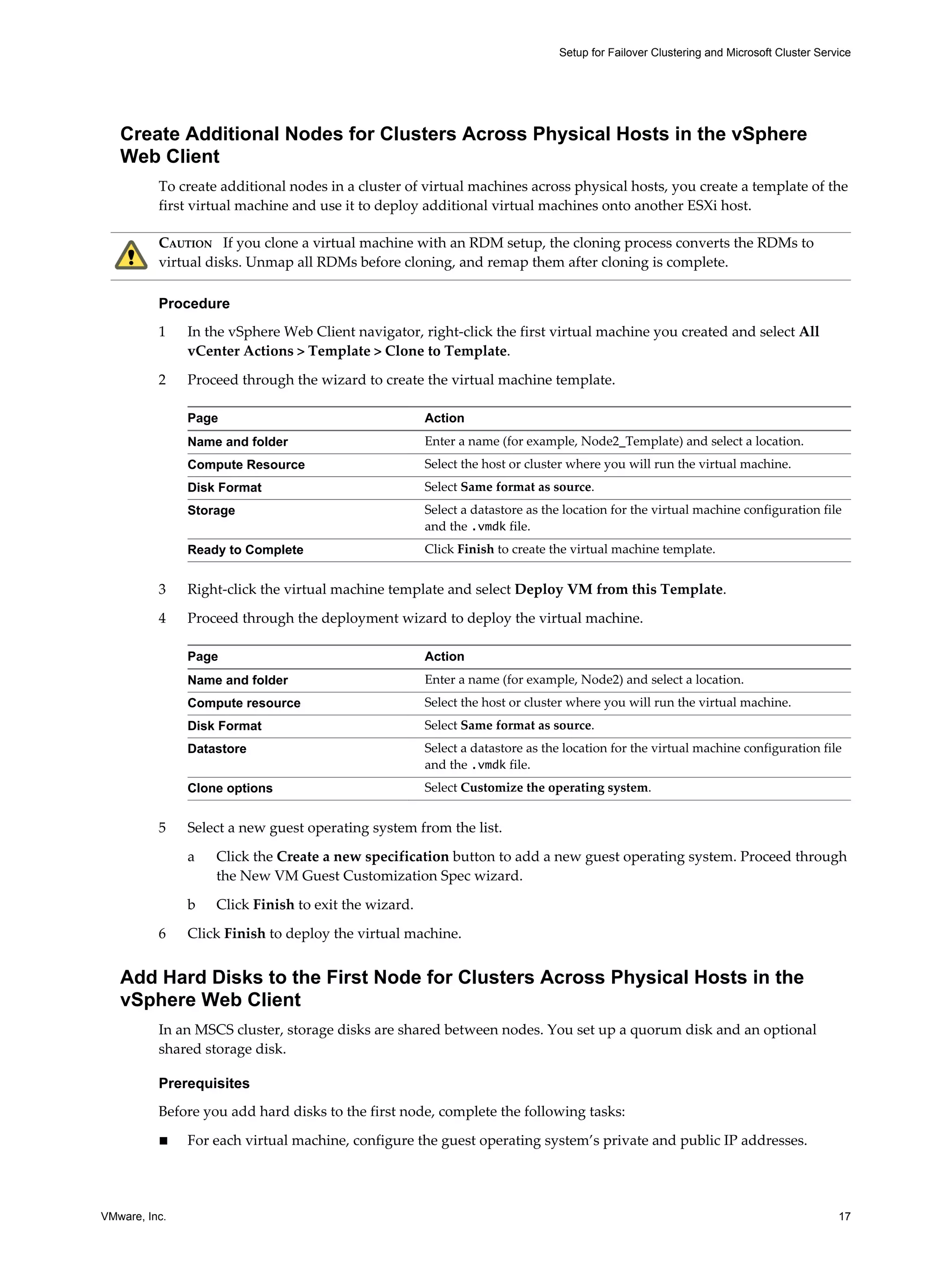 Setup for Failover Clustering and Microsoft Cluster Service 
Create Additional Nodes for Clusters Across Physical Hosts in the vSphere 
Web Client 
To create additional nodes in a cluster of virtual machines across physical hosts, you create a template of the 
first virtual machine and use it to deploy additional virtual machines onto another ESXi host. 
CAUTION If you clone a virtual machine with an RDM setup, the cloning process converts the RDMs to 
virtual disks. Unmap all RDMs before cloning, and remap them after cloning is complete. 
Procedure 
1 In the vSphere Web Client navigator, right-click the first virtual machine you created and select All 
vCenter Actions > Template > Clone to Template. 
2 Proceed through the wizard to create the virtual machine template. 
Page Action 
Name and folder Enter a name (for example, Node2_Template) and select a location. 
Compute Resource Select the host or cluster where you will run the virtual machine. 
Disk Format Select Same format as source. 
Storage Select a datastore as the location for the virtual machine configuration file 
and the .vmdk file. 
Ready to Complete Click Finish to create the virtual machine template. 
3 Right-click the virtual machine template and select Deploy VM from this Template. 
4 Proceed through the deployment wizard to deploy the virtual machine. 
Page Action 
Name and folder Enter a name (for example, Node2) and select a location. 
Compute resource Select the host or cluster where you will run the virtual machine. 
Disk Format Select Same format as source. 
Datastore Select a datastore as the location for the virtual machine configuration file 
and the .vmdk file. 
Clone options Select Customize the operating system. 
5 Select a new guest operating system from the list. 
a Click the Create a new specification button to add a new guest operating system. Proceed through 
the New VM Guest Customization Spec wizard. 
b Click Finish to exit the wizard. 
6 Click Finish to deploy the virtual machine. 
Add Hard Disks to the First Node for Clusters Across Physical Hosts in the 
vSphere Web Client 
In an MSCS cluster, storage disks are shared between nodes. You set up a quorum disk and an optional 
shared storage disk. 
Prerequisites 
Before you add hard disks to the first node, complete the following tasks: 
n For each virtual machine, configure the guest operating system’s private and public IP addresses. 
VMware, Inc. 17 
 
