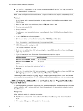 Setup for Failover Clustering and Microsoft Cluster Service 
n Ask your SAN administrator for the location of unformatted SAN LUNs. The hard disks you create in 
this task must point to SAN LUNs. 
NOTE Use RDMs in physical compatibility mode. The procedure below uses physical compatibility mode. 
Procedure 
1 In the vSphere Web Client navigator, select the newly created virtual machine, right-click and select 
Edit Settings. 
2 Click the New device drop-down menu, select RDM Disk, and click Add. 
3 Select an unformatted LUN. 
4 Select a datastore. 
This datastore must be on a SAN because you need a single shared RDM file for each shared LUN on 
the SAN. 
5 Select Physical as the compatibility mode. 
6 Select a new virtual device node (for example, select SCSI (1:0)), and click Next. 
NOTE This must be a new SCSI controller. You cannot use SCSI 0. 
7 Click OK to complete creating the disk. 
The wizard creates a new hard disk. 
8 In the New Virtual Machine - Edit Settings dialog box, expand SCSI controller and select the Change 
Type drop-down menu. 
9 Select the appropriate type of controller, depending on your operating system. 
Operating System Type of Controller 
Windows Server 2003 SP1 and SP2 LSI Logic Parallel 
Windows Server 2008 SP2 and 
LSI Logic SAS 
above 
For supported guest operating systems see Table 4. 
10 Click OK. 
11 In the New Virtual Machine - Edit Settings dialog box, expand SCSI controller and select the SCSI Bus 
Sharing drop-down menu. Set SCSI Bus Sharing to Physical and click OK. 
The virtual machine is connected to a public network and a private network with two virtual switches, and 
is connected to the quorum disk on FC SAN and the virtual machine virtual disk on local or remote storage. 
Add Hard Disks to Additional Nodes for Clusters Across Physical Hosts in the 
vSphere Web Client 
To allow shared access to clustered services and data, point the quorum disk of the second node to the same 
location as the first node’s quorum disk. Point shared storage disks to the same location as the first node’s 
shared storage disks. 
Prerequisites 
Before you begin, obtain the following information: 
n Which virtual device node is for the first virtual machine's shared storage disks (for example, SCSI 
(1:0)). 
n The location of the quorum disk specified for the first node. 
18 VMware, Inc. 
 