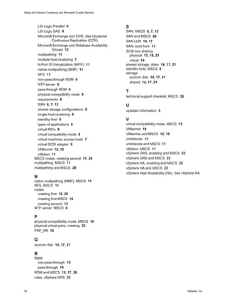 LSI Logic Parallel 9 
LSI Logic SAS 9 
Microsoft Exchange and CCR, See Clustered 
Continuous Replication (CCR) 
Microsoft Exchange and Database Availability 
Groups 12 
multipathing 11 
multiple host clustering 7 
N-Port ID Virtualization (NPIV) 11 
native multipathing (NMP) 11 
NFS 11 
non-pass-through RDM 9 
NTP server 9 
pass-through RDM 9 
physical compatibility mode 9 
requirements 9 
SAN 6, 7, 12 
shared storage configurations 9 
single host clustering 6 
standby host 8 
types of applications 6 
virtual NICs 9 
virtual compatibility mode 9 
virtual machines across hosts 7 
virtual SCSI adapter 9 
VMkernel 12, 15 
vMotion 11 
MSCS nodes, creating second 17, 20 
multipathing, MSCS 11 
multipathing and MSCS 26 
N 
native multipathing (NMP), MSCS 11 
NFS, MSCS 11 
nodes 
creating first 12, 20 
creating first MSCS 16 
creating second 13 
NTP server, MSCS 9 
P 
physical compatibility mode, MSCS 15 
physical-virtual pairs, creating 22 
PSP_RR 10 
Q 
quorum disk 14, 17, 21 
R 
RDM 
non-pass-through 19 
pass-through 19 
RDM and MSCS 15, 17, 26 
rules, vSphere DRS 23 
S 
SAN, MSCS 6, 7, 12 
SAN and MSCS 26 
SAN LUN 14, 17 
SAN, boot from 11 
SCSI bus sharing 
physical 17, 18, 21 
virtual 14 
shared storage, disks 14, 17, 21 
standby host, MSCS 8 
storage 
quorum disk 14, 17, 21 
shared 14, 17, 21 
T 
technical support checklist, MSCS 26 
U 
updated information 5 
V 
virtual compatibility mode, MSCS 15 
VMkernel 19 
VMkernel and MSCS 12, 15 
vmkfstools 13 
vmkfstools and MSCS 17 
vMotion, MSCS 11 
vSphere DRS, enabling and MSCS 22 
vSphere DRS and MSCS 22 
vSphere HA, enabling and MSCS 22 
vSphere HA and MSCS 22 
vSphere High Availability (HA), See vSphere HA 
Setup for Failover Clustering and Microsoft Cluster Service 
32 VMware, Inc. 
