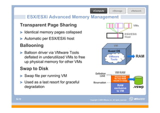 vCompute                   vStorage               vNetwork

        ESX/ESXi Advanced Memory Management
   Transparent Page Sharing                                                                          VMs

       Identical
       Id ti l memory pages collapsed
                              ll    d                                                         ESX/ESXi
                                                                                              Host
       Automatic per ESX/ESXi host
   Ballooning
   B ll   i                                                                    VM

                                                                       Guest OS
       Balloon driver via VMware Tools
       deflated in underutilized VMs to free                            VMware                         RAM
                                                                         Tools
       up physical memory for other VMs
   Swap to Disk
                                                      Definition                 VM RAM
       Swap file per running VM                           Limit                Shared RAM
                                                                               No free RAM
                                                                              results in swap
       Used as a last resort for graceful          Reservation
                                                                                   RAM
       degradation                                                              exclusive            .vswp
                                                                                  to VM


S-13                                           Copyright © 2009 VMware, Inc. All rights reserved.
 