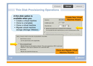 vCompute    vStorage     vNetwork

         Thin Disk Provisioning Operations

       A thin-disk option is
                                                   C ea e e
                                                   Create New Virtual
                                                                  ua
       available hen o
       a ailable when you:
                                                    Machine Wizard
          Create a virtual machine
          Clone to a template
          Clone a virtual machine
          Migrate virtual machine
          storage (Storage VMotion)




                                        Clone and Migrate Virtual
                                            Machine Wizards

S-26
 