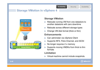 Availability   Security      Scalability

       Storage VMotion in vSphere 4

                          Storage VMotion
                            Relocate running VM from one datastore to
                            another datastore with zero downtime
                            Relocate across diff
                            R l   t         different storage types
                                                    t t       t
                            Change VM disk format (thick or thin)
                          Enhancements
                            Can administer via vSphere Client
                            Supports NFS, Fibre Channel, and iSCSI
                            No longer requires 2 x memory
                            Supports moving VMDKs from thick to thin
                            formats
                          Limitation
                            Virtual machine cannot include snapshots

S-48
 