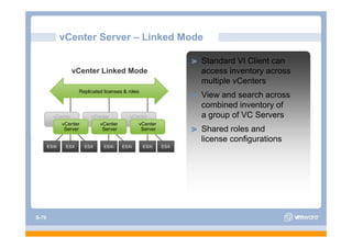 vCenter Server – Linked Mode

                                                                Standard VI Client can
                vCenter Linked Mode                             access iinventory across
                                                                multiple vCenters
                     Replicated licenses & roles
                                                                View and search across
                                                                combined inventory of
         vCenter          vCenter          vCenter              a group of VC Servers
          Server
            vCenter        Server
                             vCenter        Server
                                              vCenter
             Server           Server           Server           Shared roles and
                                                                license configurations
       ESXi    ESX     ESX      ESXi    ESXi       ESXi   ESX




S-70
 