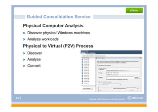Guided Consolidation Service
       Physical Computer Analysis
         Discover physical Windows machines
         Analyze workloads
       Physical to Virtual (P2V) Process
         Discover
         Analyze
         Convert




S-74                                      Copyright © 2009 VMware, Inc. All rights reserved.
 