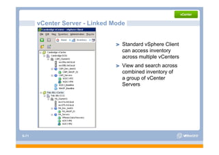 vCenter Server - Linked Mode


                                  Standard S h
                                  S d d vSphere Cli Client
                                  can access inventory
                                  across multiple vCenters
                                  View and search across
                                  combined inventory of
                                  a group of vCenter
                                  Servers




S-71
 