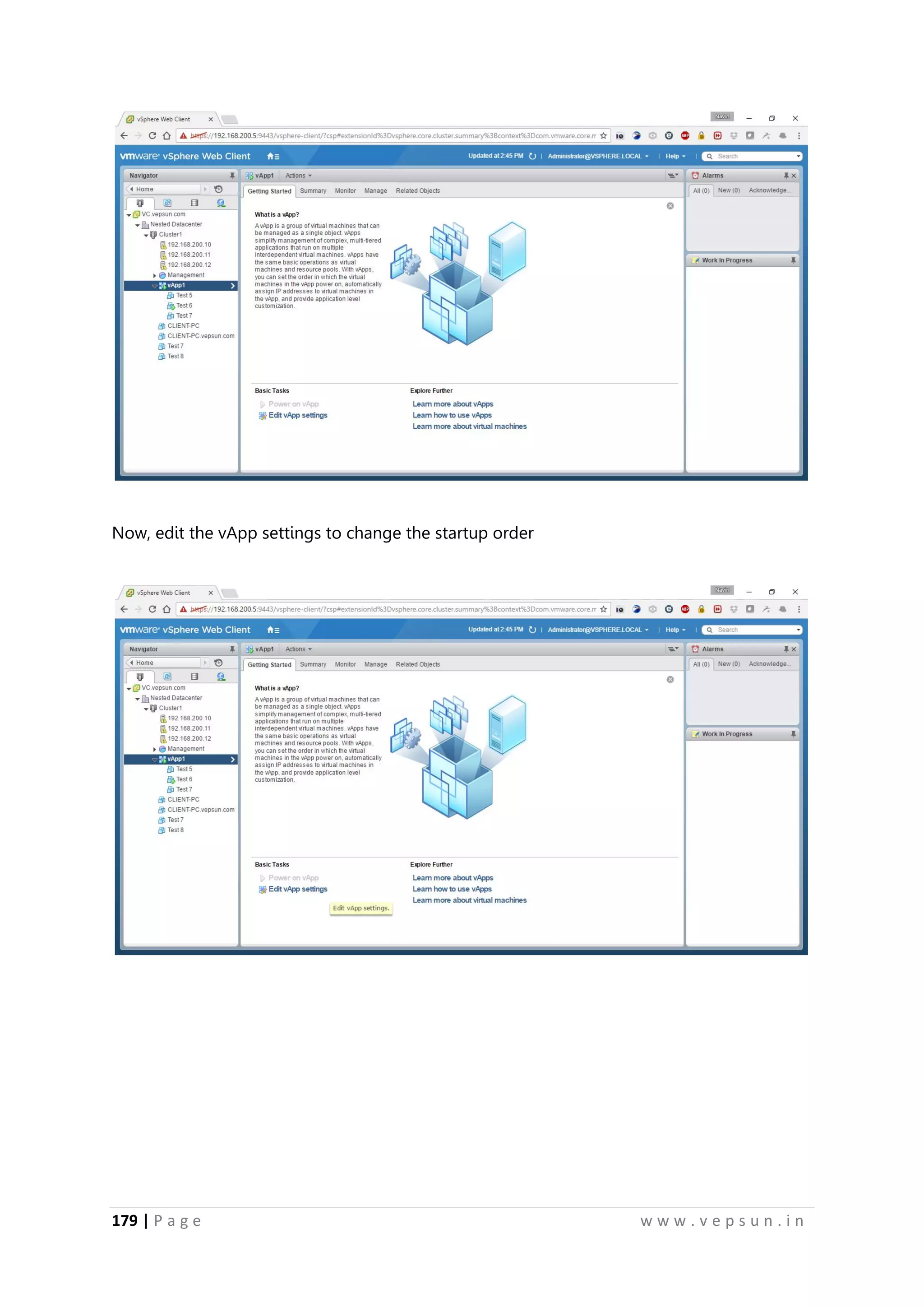 179 | P a g e w w w . v e p s u n . i n
Now, edit the vApp settings to change the startup order
 