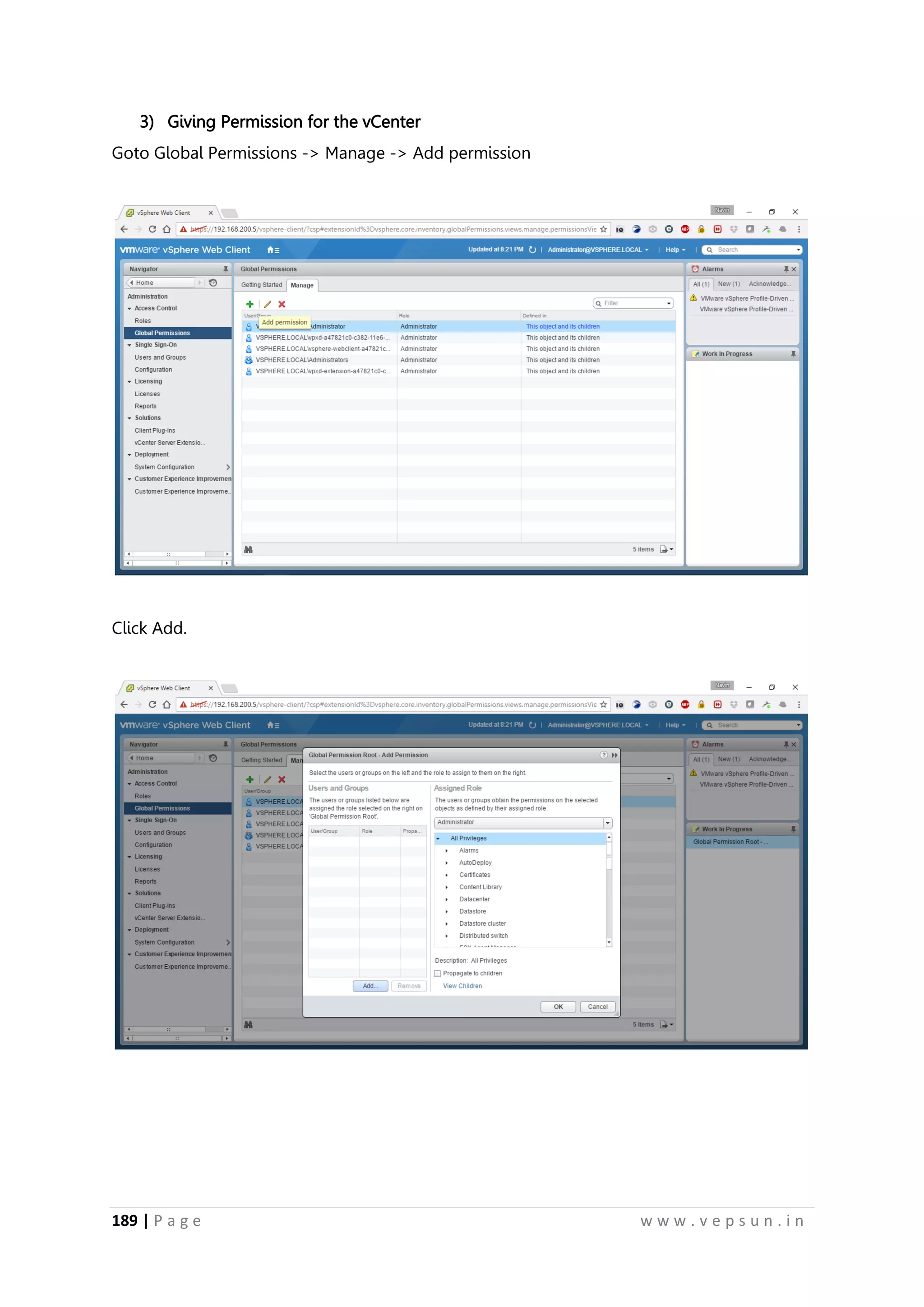 189 | P a g e w w w . v e p s u n . i n
3) Giving Permission for the vCenter
Goto Global Permissions -> Manage -> Add permission
Click Add.
 