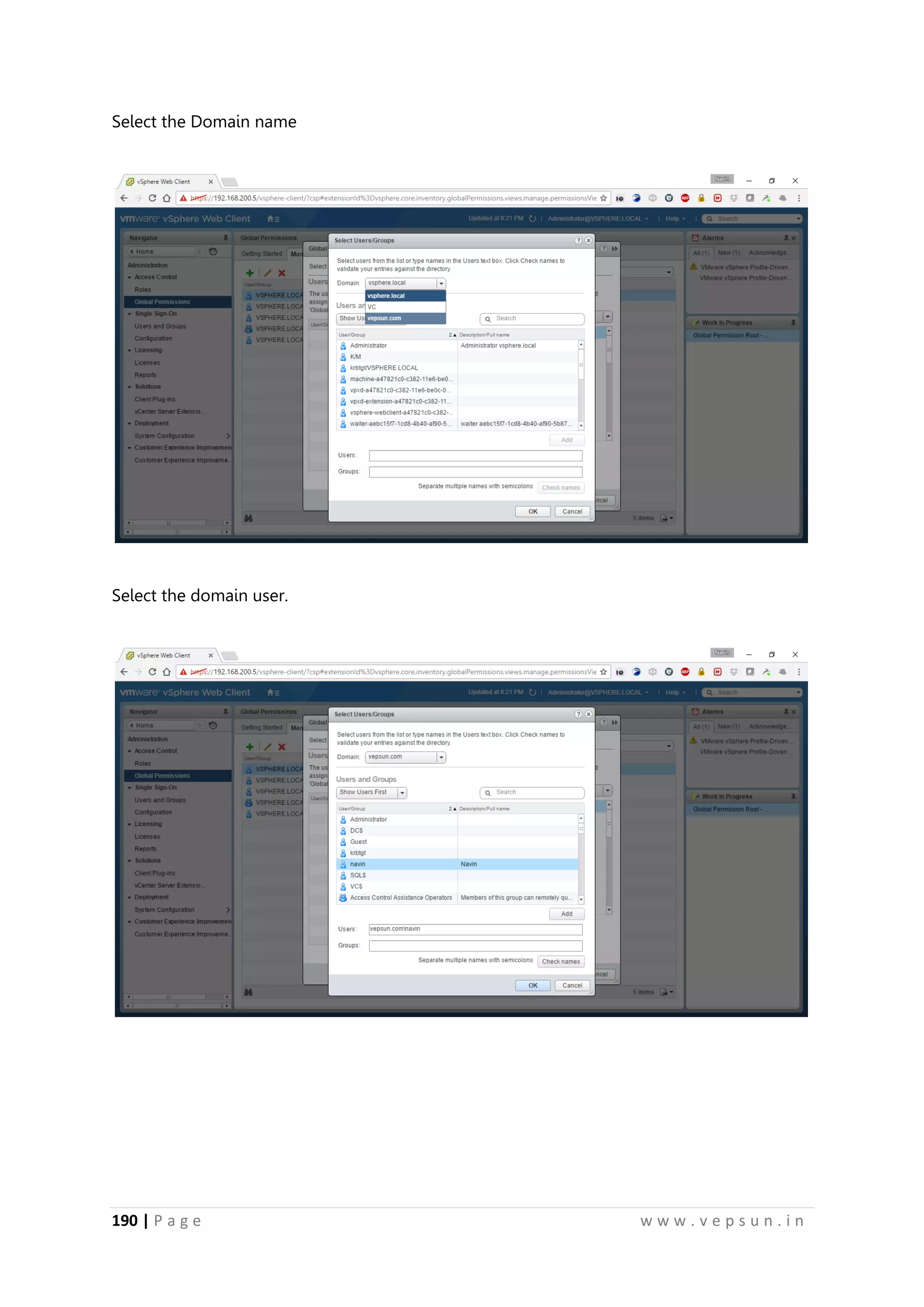 190 | P a g e w w w . v e p s u n . i n
Select the Domain name
Select the domain user.
 
