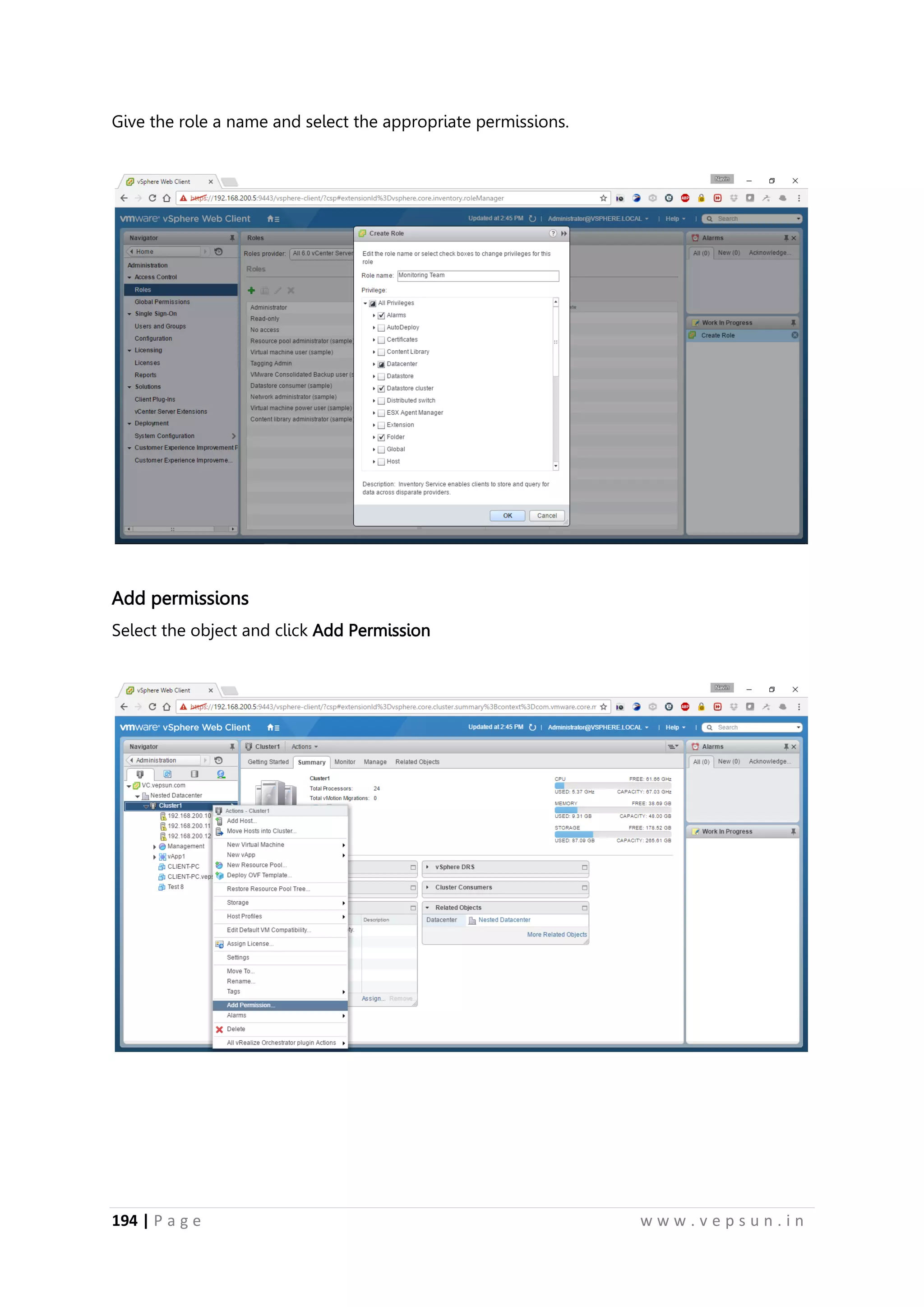 194 | P a g e w w w . v e p s u n . i n
Give the role a name and select the appropriate permissions.
Add permissions
Select the object and click Add Permission
 