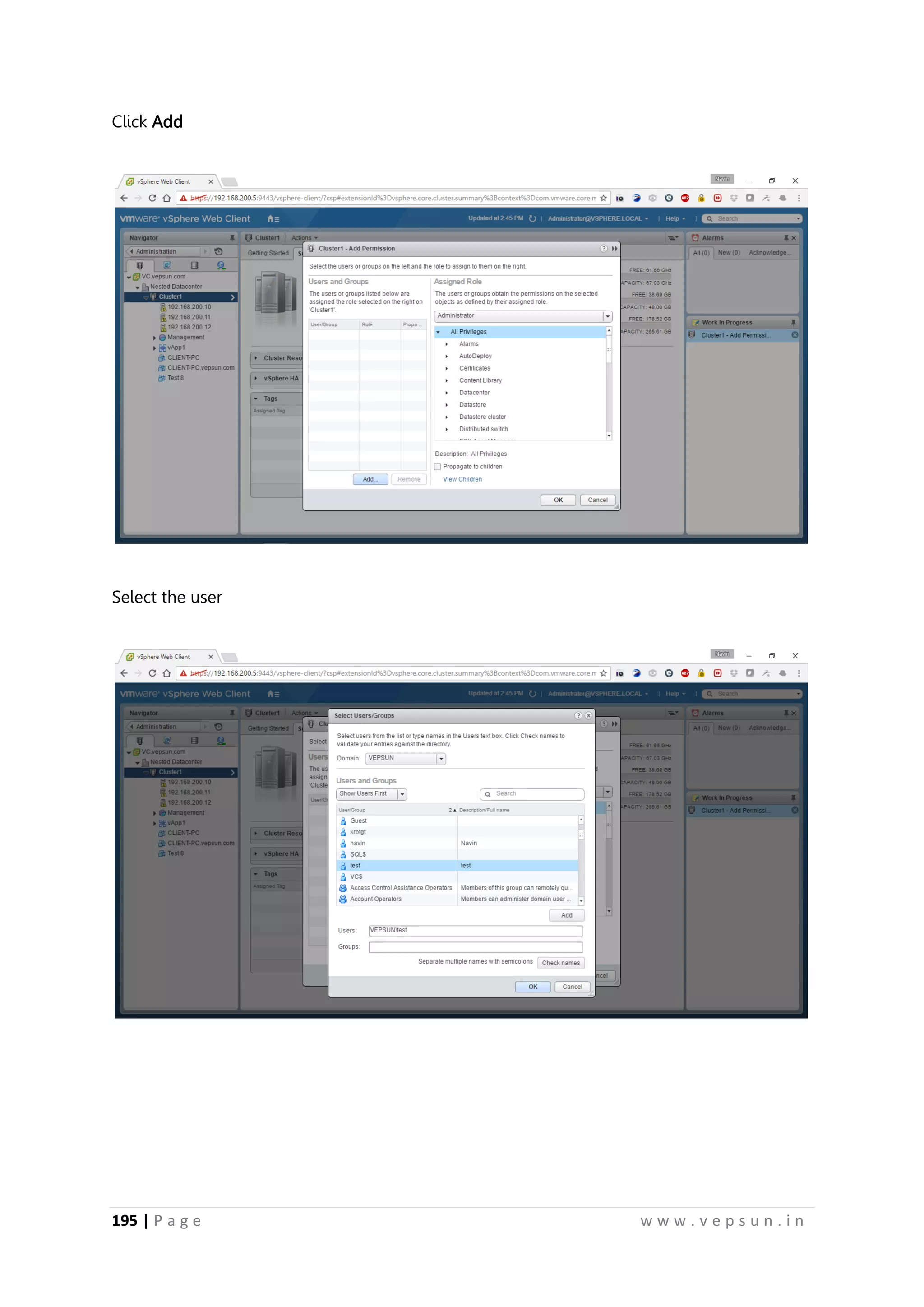195 | P a g e w w w . v e p s u n . i n
Click Add
Select the user
 