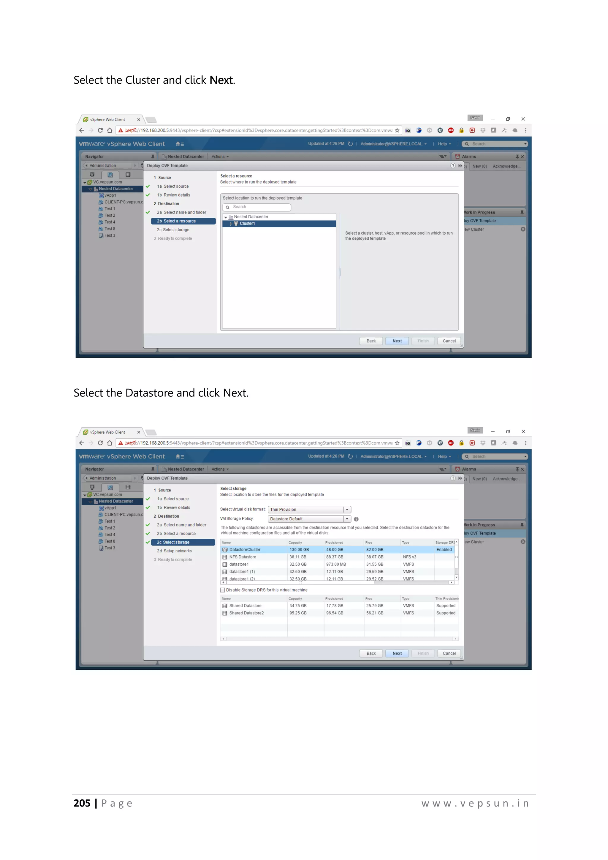 205 | P a g e w w w . v e p s u n . i n
Select the Cluster and click Next.
Select the Datastore and click Next.
 