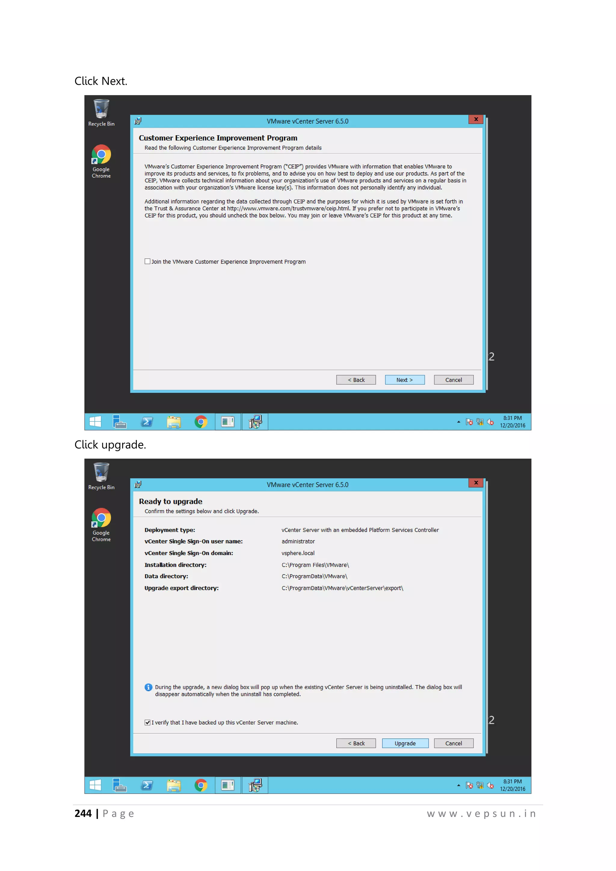 244 | P a g e w w w . v e p s u n . i n
Click Next.
Click upgrade.
 