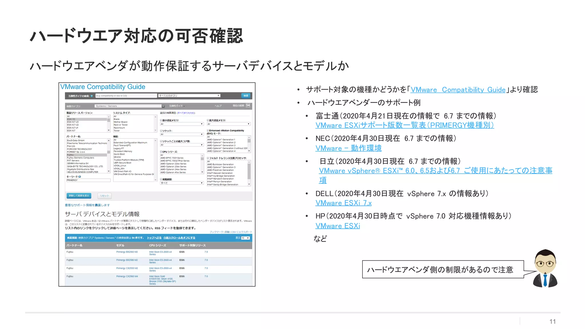 • サポート対象の機種かどうかを「VMware Compatibility Guide」より確認
• ハードウエアベンダーのサポート例
• 富士通（2020年4月21日現在の情報で 6.7 までの情報）
VMware ESXiサポート版数一覧表（PRIMERGY機種別）
• NEC（2020年4月30日現在 6.7 までの情報）
VMware - 動作環境
• 日立（2020年4月30日現在 6.7 までの情報）
VMware vSphere® ESXi™ 6.0、6.5および6.7 ご使用にあたっての注意事
項
• DELL（2020年4月30日現在 vSphere 7.x の情報あり）
VMware ESXi 7.x
• HP（2020年4月30日時点で vSphere 7.0 対応機種情報あり）
VMware ESXi
など
11
ハードウエア対応の可否確認
ハードウエアベンダが動作保証するサーバデバイスとモデルか
ハードウエアベンダ側の制限があるので注意
 