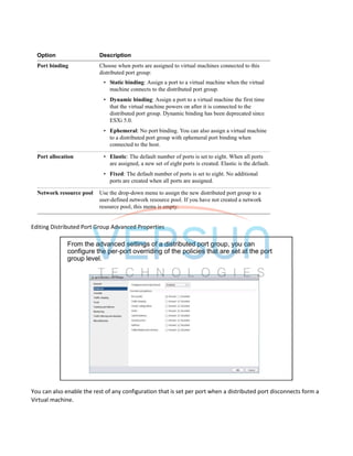 Editing Distributed Port Group Advanced Properties
You can also enable the rest of any configuration that is set per port when a distributed port disconnects form a
Virtual machine.
 