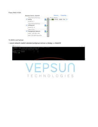 If you check in GUI:
To delete a port group:
~ esxcli network vswitch standard portgroup remove -p testpg -v vSwitch0
 