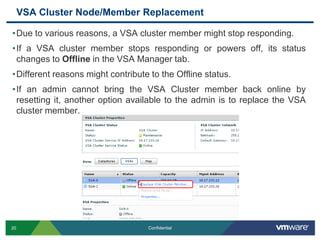 VSA Cluster Node/Member ReplacementDue to various reasons, a VSA cluster member might stop responding.If a VSA cluster member stops responding or powers off, its status changes to Offline in the VSA Manager tab.Different reasons might contribute to the Offline status.If an admin cannot bring the VSA Cluster member back online by resetting it, another option available to the admin is to replace the VSA cluster member.