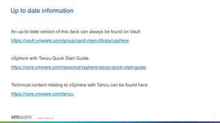 ©2020 VMware, Inc. 1
Up to date information
An up-to-date version of this deck can always be found on Vault:
https://vault.vmware.com/group/vault-main-library/vsphere
vSphere with Tanzu Quick Start Guide:
https://core.vmware.com/resource/vsphere-tanzu-quick-start-guide
Technical content relating to vSphere with Tanzu can be found here:
https://core.vmware.com/tanzu
 