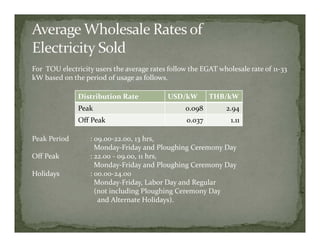 For  TOU electricity users the average rates follow the EGAT wholesale rate of 11‐33 
kW based on the period of usage as follows.

               Distribution Rate            USD/kW         THB/kW
               Peak                               0.098         2.94
               Off Peak                            0.037         1.11

Peak Period        : 09.00‐22.00, 13 hrs,
                     Monday‐Friday and Ploughing Ceremony Day
Off Peak           : 22.00 ‐ 09.00, 11 hrs,
                     Monday‐Friday and Ploughing Ceremony Day
Holidays           : 00.00‐24.00
                     Monday‐Friday, Labor Day and Regular
                     (not including Ploughing Ceremony Day
                      and Alternate Holidays).
 