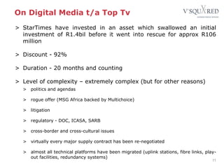 On Digital Media t/a Top Tv
11
> StarTimes have invested in an asset which swallowed an initial
investment of R1.4bil before it went into rescue for approx R106
million
> Discount - 92%
> Duration - 20 months and counting
> Level of complexity – extremely complex (but for other reasons)
> politics and agendas
> rogue offer (MSG Africa backed by Multichoice)
> litigation
> regulatory - DOC, ICASA, SARB
> cross-border and cross-cultural issues
> virtually every major supply contract has been re-negotiated
> almost all technical platforms have been migrated (uplink stations, fibre links, play-
out facilities, redundancy systems)
 