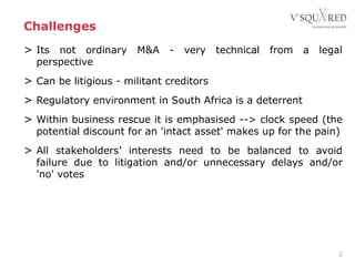 Challenges
> Its not ordinary M&A - very technical from a legal
perspective
> Can be litigious - militant creditors
> Regulatory environment in South Africa is a deterrent
> Within business rescue it is emphasised --> clock speed (the
potential discount for an 'intact asset' makes up for the pain)
> All stakeholders’ interests need to be balanced to avoid
failure due to litigation and/or unnecessary delays and/or
'no' votes
2
 