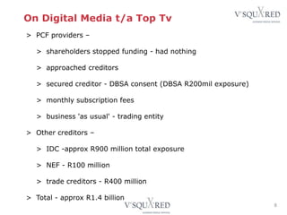 On Digital Media t/a Top Tv
8
> PCF providers –
> shareholders stopped funding - had nothing
> approached creditors
> secured creditor - DBSA consent (DBSA R200mil exposure)
> monthly subscription fees
> business 'as usual' - trading entity
> Other creditors –
> IDC -approx R900 million total exposure
> NEF - R100 million
> trade creditors - R400 million
> Total - approx R1.4 billion
 