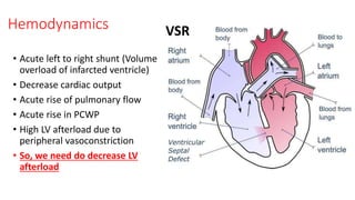 Hemodynamics
• Acute left to right shunt (Volume
overload of infarcted ventricle)
• Decrease cardiac output
• Acute rise of pulmonary flow
• Acute rise in PCWP
• High LV afterload due to
peripheral vasoconstriction
• So, we need do decrease LV
afterload
VSR
 