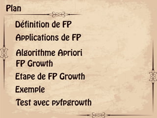 ok
Plan
Définition de FP
Algorithme Apriori
Applications de FP
FP Growth
Etape de FP Growth
Exemple
Test avec pyfpgrowth
 