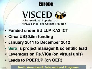 Europe




      •      Funded under EU LLP KA3 ICT
      •      Circa US$0.5m funding
      •      January 2011 to December 2012
      •      Sero is project manager & scientific lead
      •      Leverages on Re.ViCa (on virtual unis)
      •      Leads to POERUP (on OER)
10/22/2012        North American & International Programs   14
 