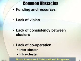 Common Obstacles
             • Funding and resources

             • Lack of vision

             • Lack of consistency between
               clusters

             • Lack of co-operation
               • inter-cluster
               • intra-cluster
10/22/2012    North American & International Programs   33
 