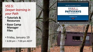 VSS 5:
Deeper learning in
your Path
• Tutorials &
Resources
• Base Camp
Manager
Files
• Friday, January 19
• 6:00 pm – 7:00 pm AEDT
 
