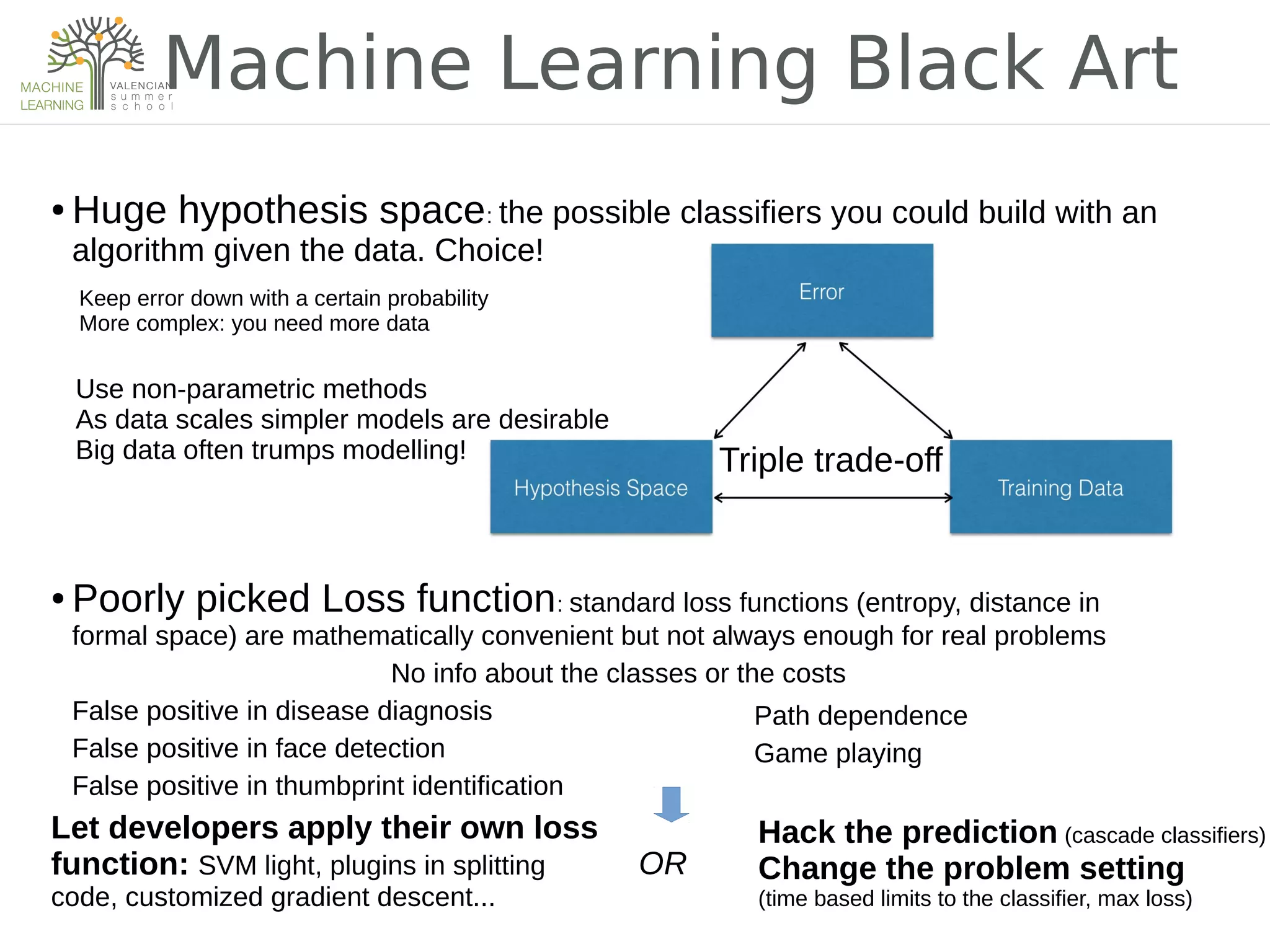 Machine Learning Black Art
● Huge hypothesis space: the possible classifiers you could build with an
algorithm given the data. Choice!
Triple trade-off
Use non-parametric methods
As data scales simpler models are desirable
Big data often trumps modelling!
● Poorly picked Loss function: standard loss functions (entropy, distance in
formal space) are mathematically convenient but not always enough for real problems
No info about the classes or the costs
False positive in disease diagnosis
False positive in face detection
False positive in thumbprint identification
Path dependence
Game playing
Let developers apply their own loss
function: SVM light, plugins in splitting
code, customized gradient descent...
OR
Hack the prediction (cascade classifiers)
Change the problem setting
(time based limits to the classifier, max loss)
Keep error down with a certain probability
More complex: you need more data
 