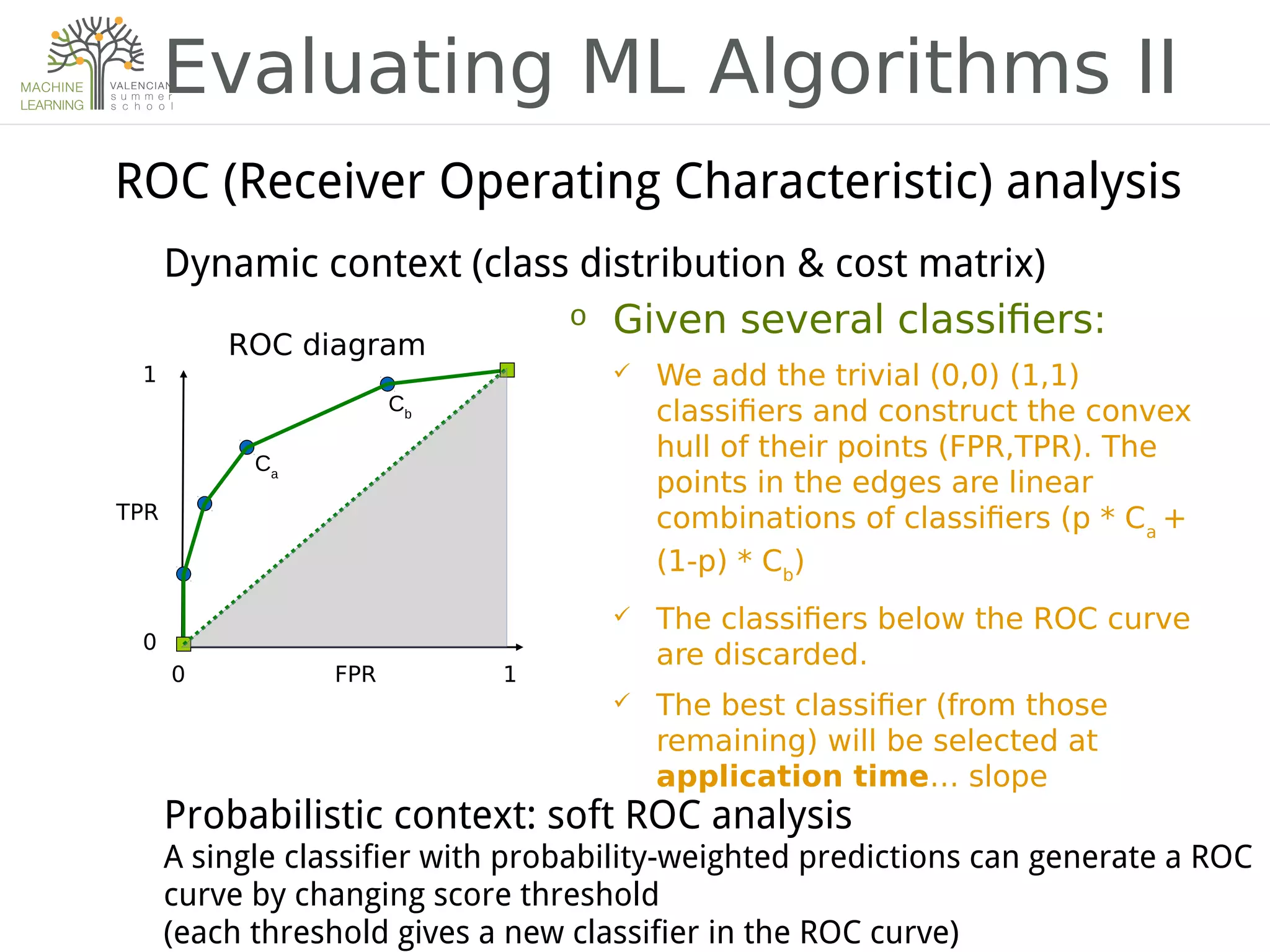 Evaluating ML Algorithms II
ROC (Receiver Operating Characteristic) analysis
Dynamic context (class distribution & cost matrix)
ROC diagram
0 1
1
0
FPR
TPR
o Given several classi2ers:
 We add the trivial (0,0) (1,1)
classi2ers and construct the convex
hull of their points (FPR,TPR). The
points in the edges are linear
combinations of classi2ers (p * Ca
+
(1-p) * Cb
)
 The classi2ers below the ROC curve
are discarded.
 The best classi2er (from those
remaining) will be selected at
application time… slope
Probabilistic context: soft ROC analysis
A single classifier with probability-weighted predictions can generate a ROC
curve by changing score threshold
(each threshold gives a new classifier in the ROC curve)
Ca
Cb
 